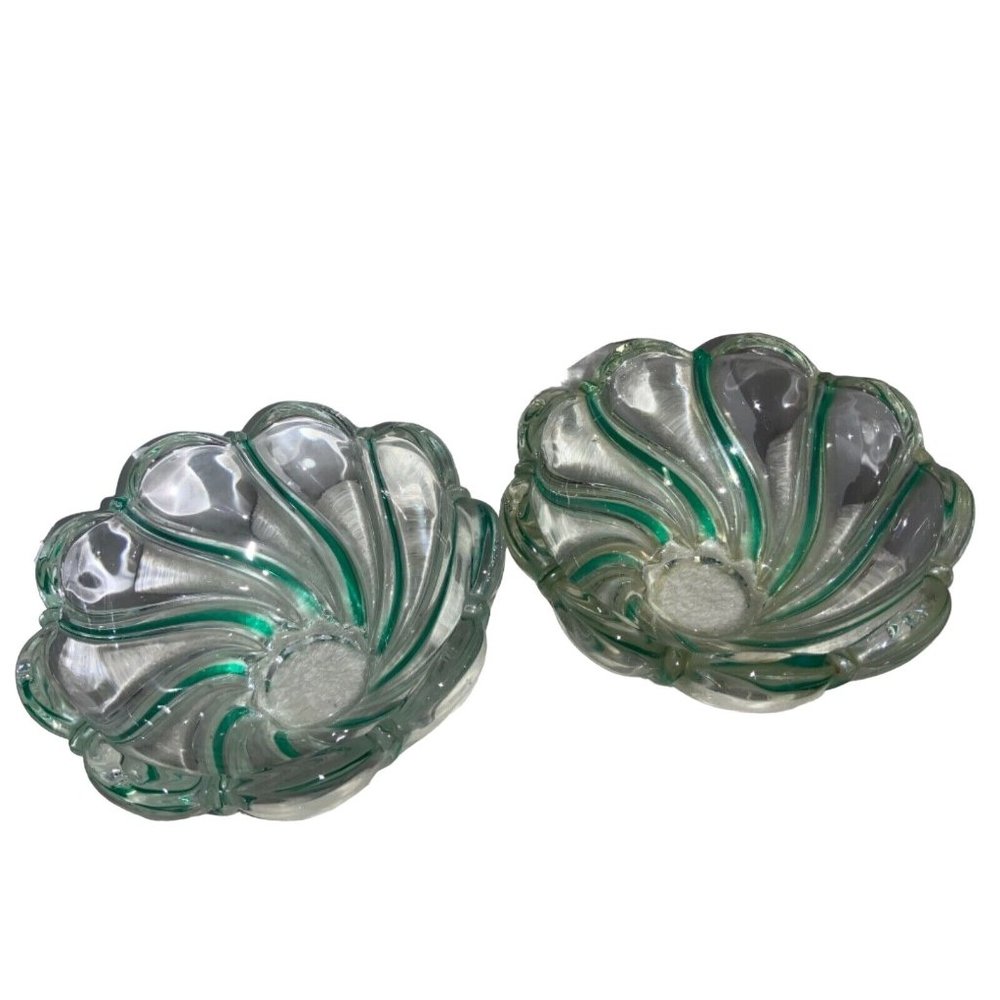 2 Clear Glass Bowls  with Green Swirls Scalloped Edge